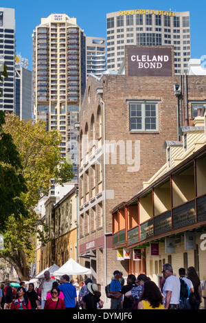 Sydney Australien, The Rocks Market, George Street, Bezirk, Gebäude, Wolkenkratzer, Skyline der Stadt, Shopping Shopper Shopper Shopper shoppen Geschäfte Marktmärkte Markt Stockfoto