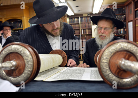 Lesen aus einer Tora-Rolle an Pessach Morgengottesdienst Lubawitsch Hauptquartier in Crown Heights, Brooklyn, New York. Stockfoto