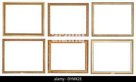 Satz von alten klassischen Holzbilderrahmen mit ausgeschnittenen Leinwand isoliert auf weißem Hintergrund Stockfoto