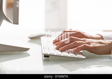 Frau, die Eingabe über Tastatur Computer im Büro Stockfoto