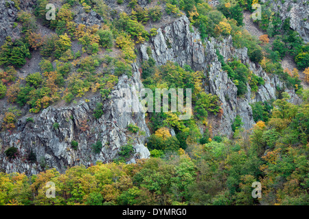 Blick über das Bodetal / Bode-Tal in die Harzer Berge, Thale, Sachsen-Anhalt, Deutschland Stockfoto