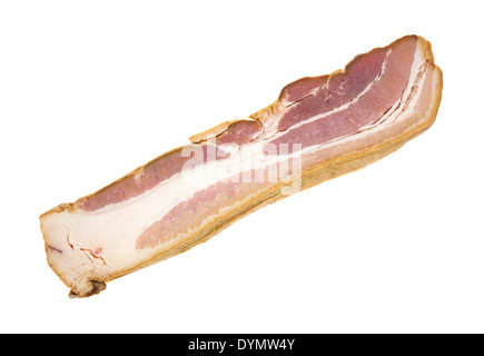 Ansicht von oben aus einem Stapel von Dick geschnittenen Speck auf einem weißen Hintergrund. Stockfoto