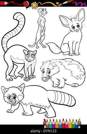 Malbuch oder Seite Cartoon Illustration Zeichenmenge schwarz-weiß wilde Tiere für Kinder Stockfoto