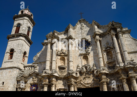 Fassade der Havana Kathedrale der Jungfrau Maria der Unbefleckten Empfängnis mit Uhrturm Korallen Stein auf blauen Himmel Alt-Havanna-Kuba Stockfoto