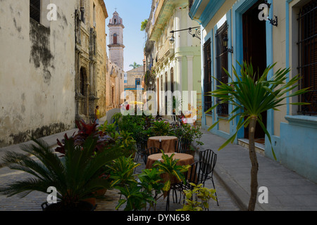 Straßencafé in Alt-Havanna Kuba mit Straßenhändlern und Uhr Turm der Kathedrale von Havanna Stockfoto