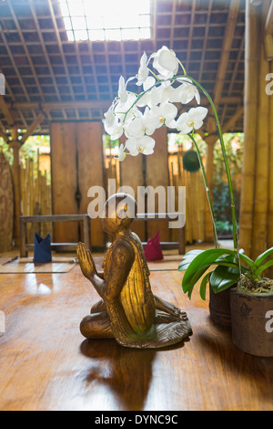 Blumen und Statue in Hindu-Tempel, Ubud, Bali, Indonesien Stockfoto