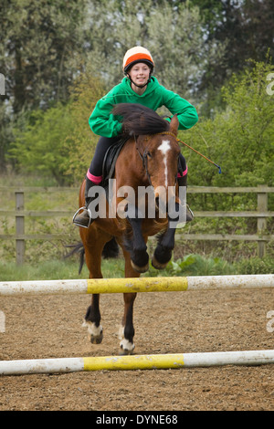 Ein Pferd und Reiter einen Zaun springen, während einer Reitstunde Stockfoto