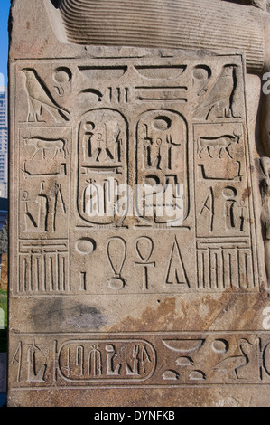 Ägyptische Museum Cairo: Kartuschen und Hieroglyphen in einer Ramses (XIX dyn., 1303-1213) Quarzit Statue im Innenhof. Stockfoto