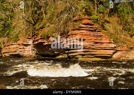 LACHS-POOL AM DARNAWAY RIVER FINDHORN SCHOTTLAND MIT ROTEN SANDSTEINFELSEN UND WILDWASSER Stockfoto