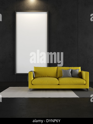 Schwarzer Raum mit gelben Couch und leeren Frame - Rendering- Stockfoto