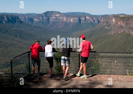 Der Blick von Evans Lookout über Govetts Creek in den Blue Mountains, New South Wales, Australien. Stockfoto