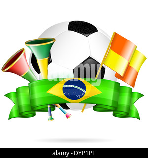 Fußball Poster mit Fußball, Fahnen, Vuvuzela und Band in Farbe Flagge Brasilien, isoliert auf weißem Hintergrund Stockfoto