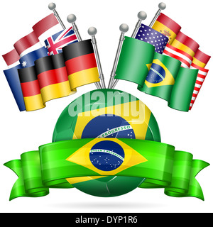 Fußball Poster mit Fußball, Fahnen und Band in Farbe Flagge Brasilien, isoliert auf weißem Hintergrund Stockfoto