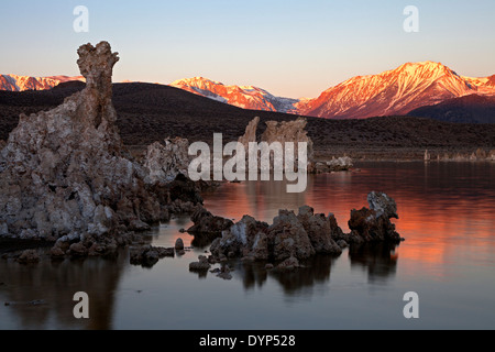 Licht reflektiert auf dem Wasser rund um die Tuffstein-Türme entlang Südküste Mono Lake bei Sonnenaufgang. Stockfoto