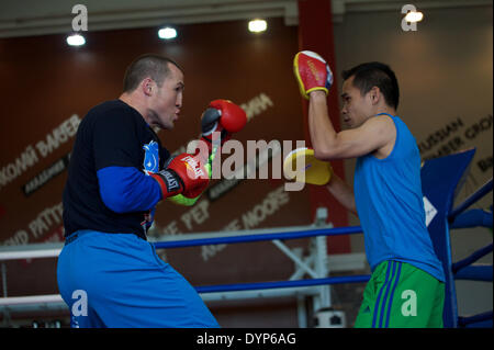 Moskau, Russland. 23. April 2014. Ein offenes Training des Weltmeisters in der ersten WBA Schwergewichts-Champion Denis Lebedev in einem Boxclub. Bildnachweis: Anna Sergeeva/ZUMAPRESS.com/Alamy Live-Nachrichten Stockfoto