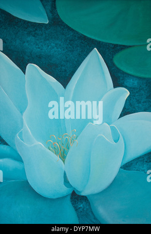 Türkis Seerose Ölgemälde Closeup, mit einem Gefühl der Ruhe Fokus, Hochformat. Stockfoto