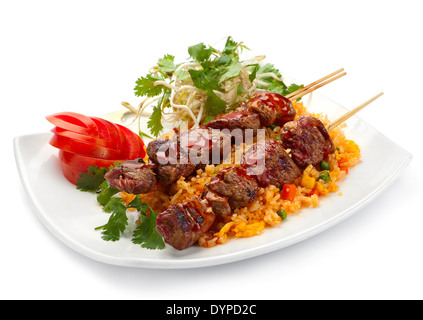 Tai essen gegrilltes Schweinefleisch mit Reis Stockfoto