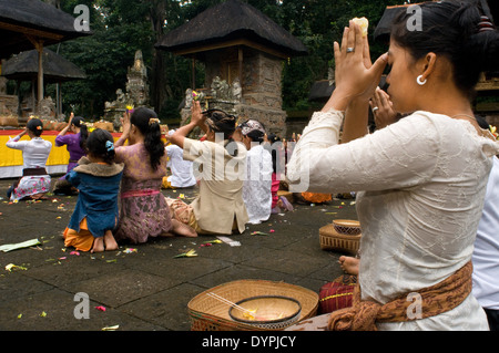 Mehrere Menschen beten und Angebote in den Heiligen Affenwald anlässlich des Galungan zu verlassen. Galungan Festival, das wichtigste von Bali, symbolisiert den Sieg des Dramas (Tugend) über Adharma (böse). Während der Tage, die balinesischen Parade feiern auf der ganzen Insel geschmückt mit langen Bambusstäben (Penjor) dekoriert mit Ähren, Kokosnuss, Reiskuchen und Muffins sowie weiße oder gelbe Stoffe dauern, Früchte Blumen. Dieses Festival wird alle 210 Tage gefeiert. Ubud. Bali. Stockfoto