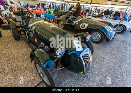 1952 Frazer Nash Le Mans Replica im Fahrerlager Garage, 72. Goodwood Mitgliederversammlung, Sussex, UK. Peter Collins Trophy-Teilnehmer. Stockfoto