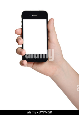 isolierte männliche Hand hält eine schwarze Telefon ähnlich wie Iphone Tablet touch Computer Gadget mit isolierten display Stockfoto