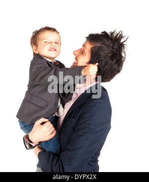 Mann und kleiner Junge auf dem weißen isoliert Stockfoto