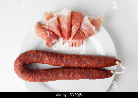 Spanischer Schinken und Chorizo-Wurst auf einem weißen Teller Stockfoto