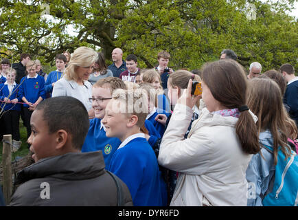 Lollapalooza, Gloucestershire, UK. 24. April 2014. HRH die Gräfin von Wessex chats an Schulkinder außerhalb der Rede House Hotel. Bildnachweis: David Broadbent/Alamy Live-Nachrichten Stockfoto