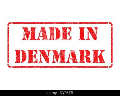 Made in Dänemark - Inschrift auf Red Rubber Stamp Isolated on White. Stockfoto