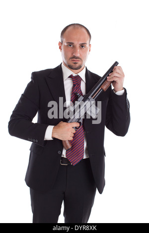 Bewaffnete Gangster oder Geschäftsmann mit Schrotflinte Stockfoto