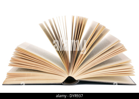 Aufgeschlagenes Buch, isoliert auf weißem Hintergrund Stockfoto