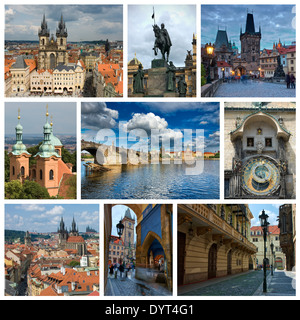 Foto-Collage aus Prag, Tschechische Republik. Collage beinhaltet die wichtige Sehenswürdigkeiten der Stadt. Stockfoto