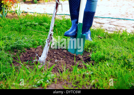 Frau trägt blaue Gummistiefel mit Schaufel in ihrem Garten