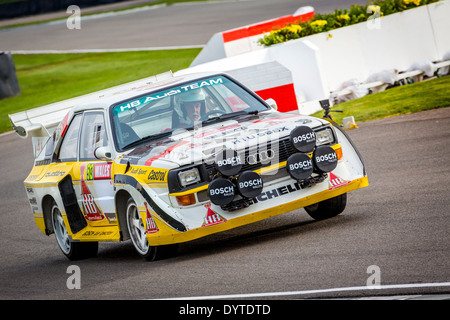 1984 Audi Sport Quattro S1 E2 Gruppe B Rallye-Auto mit Fahrer David Kedward. 72. Goodwood Mitgliederversammlung, Sussex, UK. Stockfoto