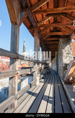 Alte Holz Details von einem alten Vorhang Wand in der Altstadt von Tallinn, Estland. Kirche St. Olaf im Hintergrund. Stockfoto