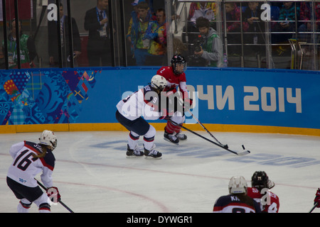 Megan Bozek (USA), Meghan Agosta (CAN), USA-Kanada Frauen Eishockey bei den Olympischen Winterspielen, Sotschi 2014 Stockfoto