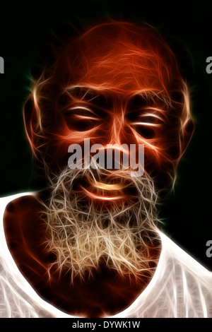 Ein stilisiertes digitales Porträt eines älteren Mannes mit Vollbart, in einem fraktalen oder faseroptischen Kunststil dargestellt. Das Bild zeigt leuchtende, filamentartige Linien in warmen Orange-, Rot- und Weißtönen Stockfoto