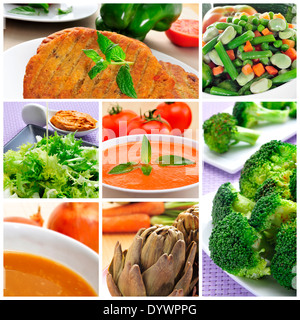 eine Collage aus verschiedenen veganen Speisen, wie z. B. vegetarische Burger, Gazpacho, Zwiebelsuppe oder Brokkoli Stockfoto