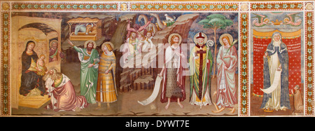 TREVISO, Italien - 18. März 2014: Fresko der Anbetung der Heiligen drei Könige und st. Margaret (1370) in Sankt Nikolaus oder Kirche San Nicolo. Stockfoto