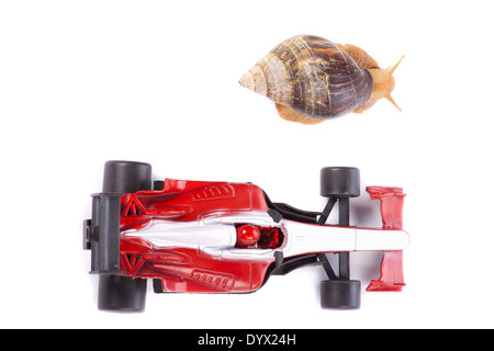 Eine Schnecke und ein Spielzeugauto F1 bereit für die Rennen von oben gesehen Stockfoto