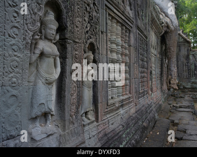 Sandstein Flachrelief Carvings der Apsara im Tempel Preah Khan, Siem Reap, Kambodscha Stockfoto