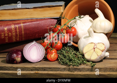 Stilleben, Knoblauch, ganze und geschnittene, in Scheiben geschnittenen Champignons, Tomaten, Kräuter, Zwiebel, Bücher, seitlich mit Gemüse im Topf Pflanzen Stockfoto