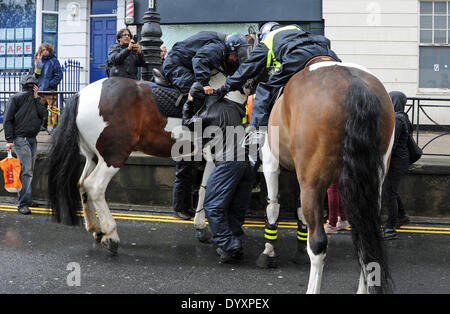 Polizei auf dem Pferderücken Zusammenstoß mit anti-faschistischen Demonstranten versuchten, den Marsch nach England Rally in Brighton heute stören. Stockfoto