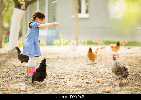 Kleines Mädchen, die Hühner füttern Stockfoto