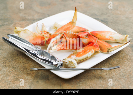 Horizontale Foto von frisch gekochten Dungeness Krabbenbeine, Fokus auf große Kralle im Zentrum, auf weißen Teller mit Edelstahl-Cracker Stockfoto