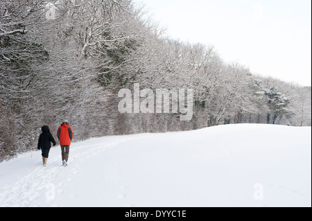 Zwei Wanderer im Schnee, nach einem Fußweg neben einem Wald. Stockfoto