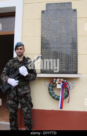 Sromlje, Ljubljana. 27. April 2014. Eine slowenische Soldat steht Wache neben einem Monument eingraviert mit den Namen der Märtyrer und Opfer des Faschismus während einer Kundgebung in Sromlje, 110 Kilometer östlich von Ljubljana, 27. April 2014. Sloweniens WWII Veteranenverband Kundgebung eine in Sromlje Sonntag, feiert am Widerstand und die Kennzeichnung der 70. Jahrestag der Gründung der anti-faschistischen Liberation Front. Bildnachweis: Zhao Yi/Xinhua/Alamy Live-Nachrichten Stockfoto