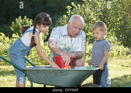 Kinder hilft ihr Großvater im Garten Stockfoto