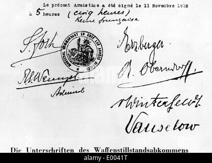Unterzeichnete Waffenstillstandsabkommen von Compiègne, 1918 Stockfoto
