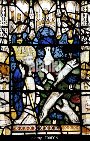 Mittelalterliche Panel Darstellung St. Martin Rettung ein Hase aus jagen Jagdhunde, Kirche von Saint Martin-le-Grand, City of York, England Stockfoto