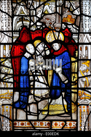 Mittelalterliche Darstellung von St. Martin, als Kind, nach seinem Lehrer, Kirche von Saint Martin-le-Grand, York, England präsentiert panel Stockfoto